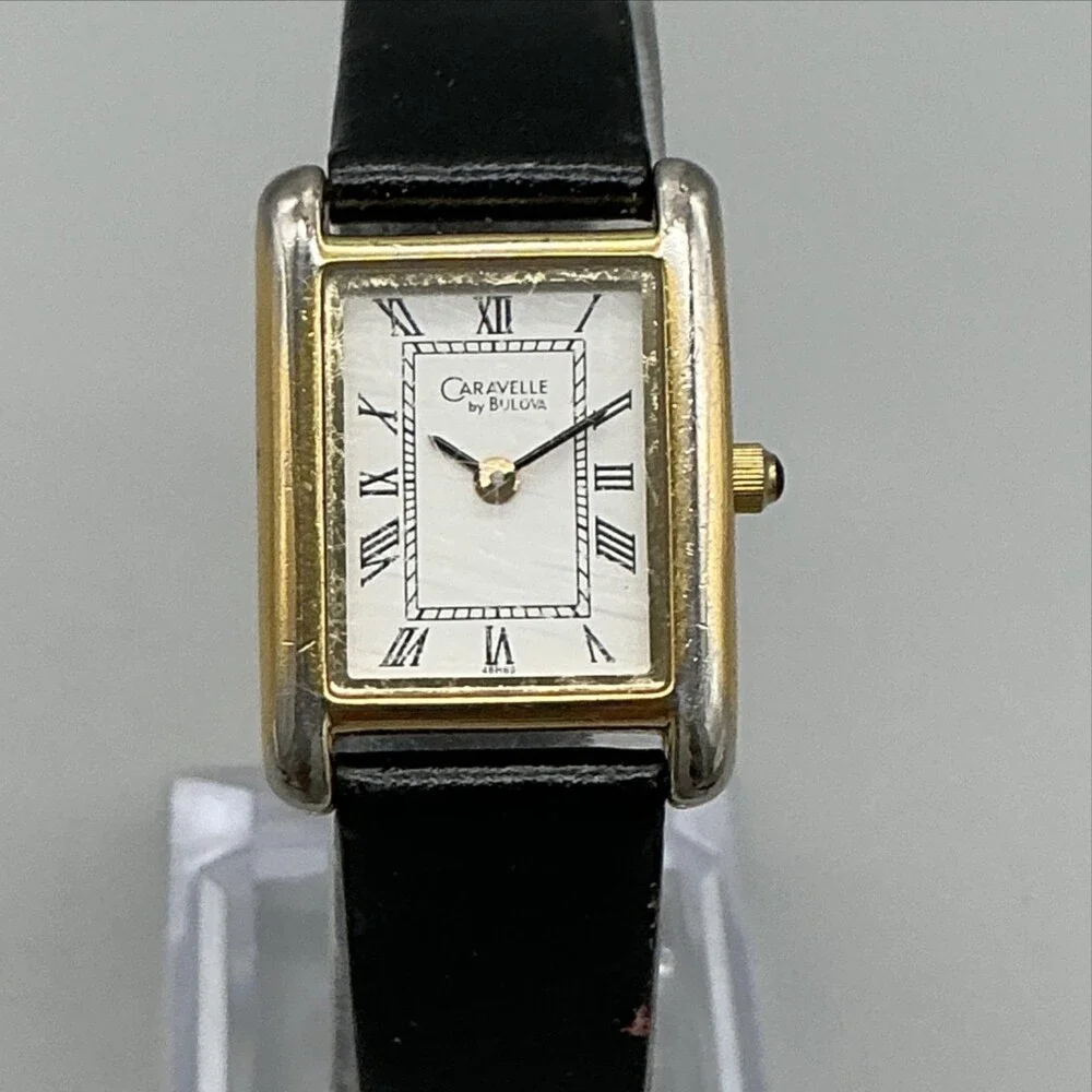 Caravelle By Bulova Womens Watch 20mm Tank White Dial Black Leather New Battery